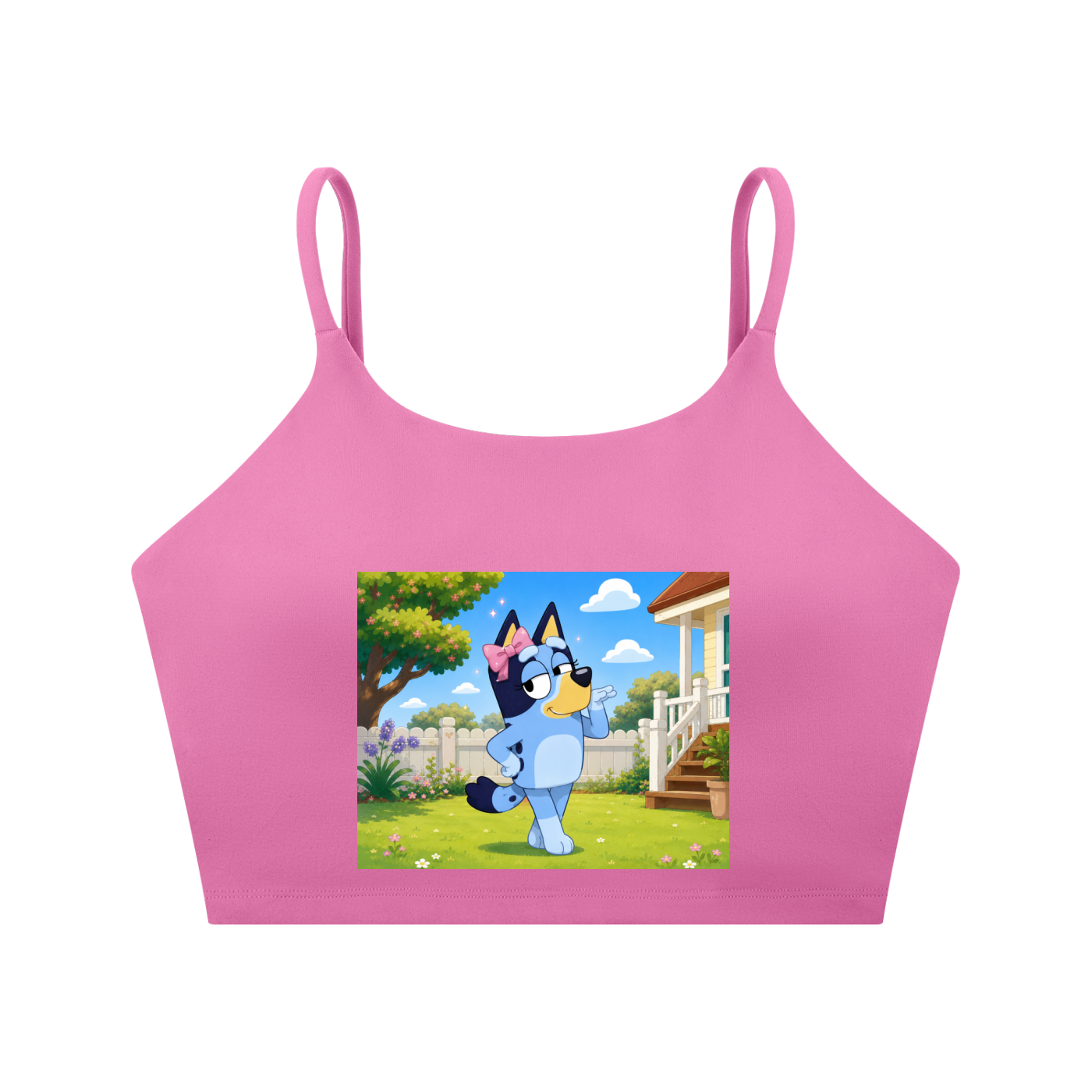 Bluey,Sports bra,Spaghetti strap,eliza may design,fun workout wear,Child entrepreneur 