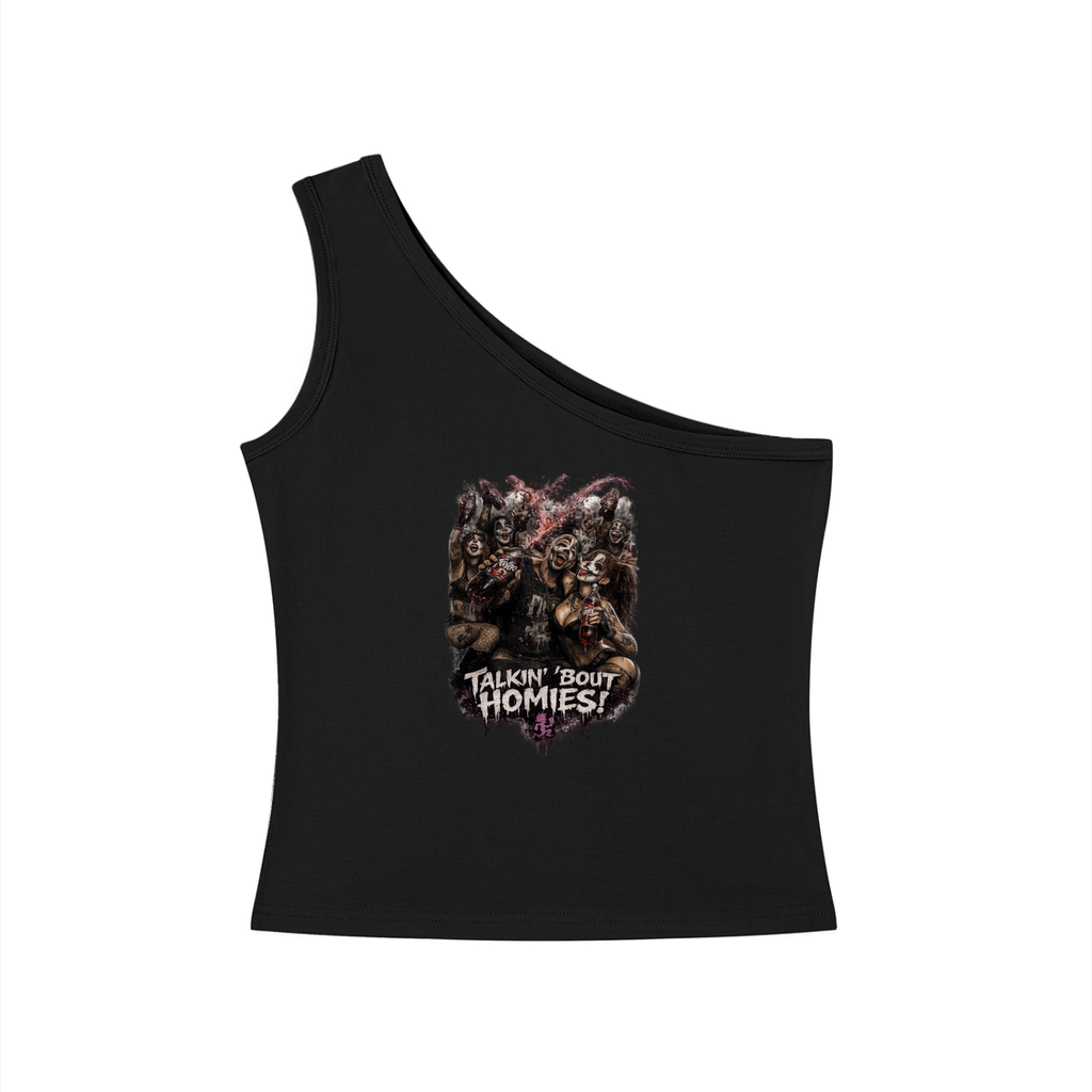 Talkin’ ’Bout-Homies — Women’s One-Shoulder Crop Tee